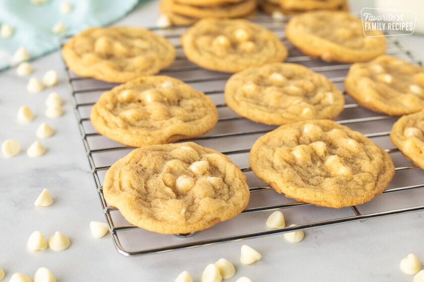 Homemade White Chocolate Chip Cookies just out of the oven and cooling on a cooling rack