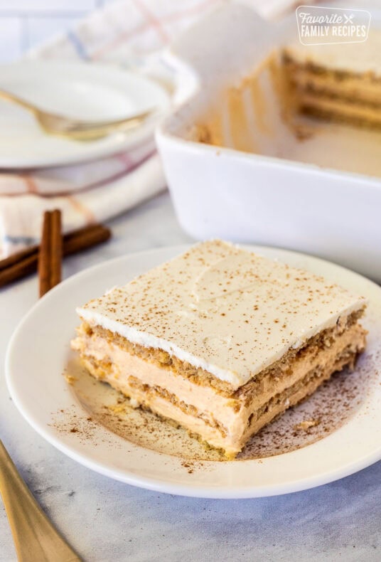 Pumpkin Eclair Cake on a plate.