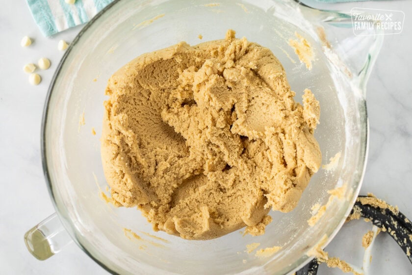 Mixing bowl with creamed sugar and butter for White Chocolate Chip Cookies