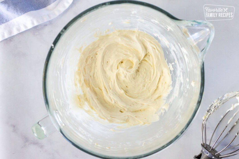 Mixing bowl with whipped cream cheese.