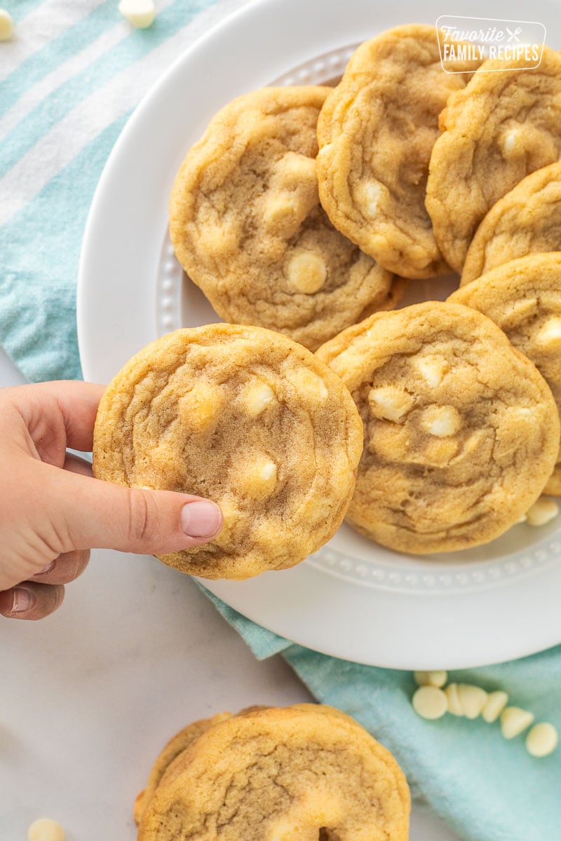 Hand holding up a Vanilla cookie.