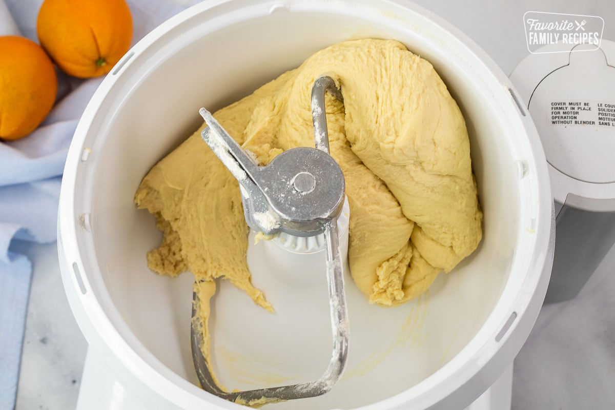 Bread dough, mixing in electric mixer with kneading hook.