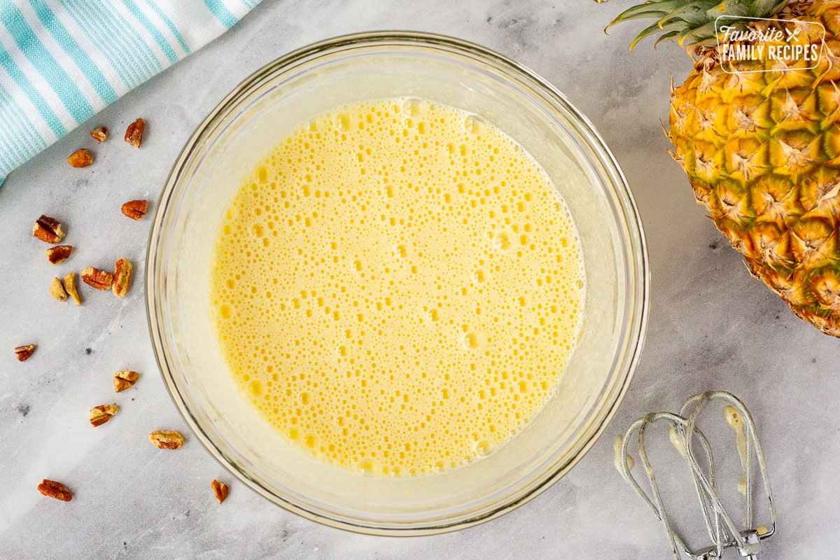 Mixing bowl with Island Pecan Pie filling mixture.