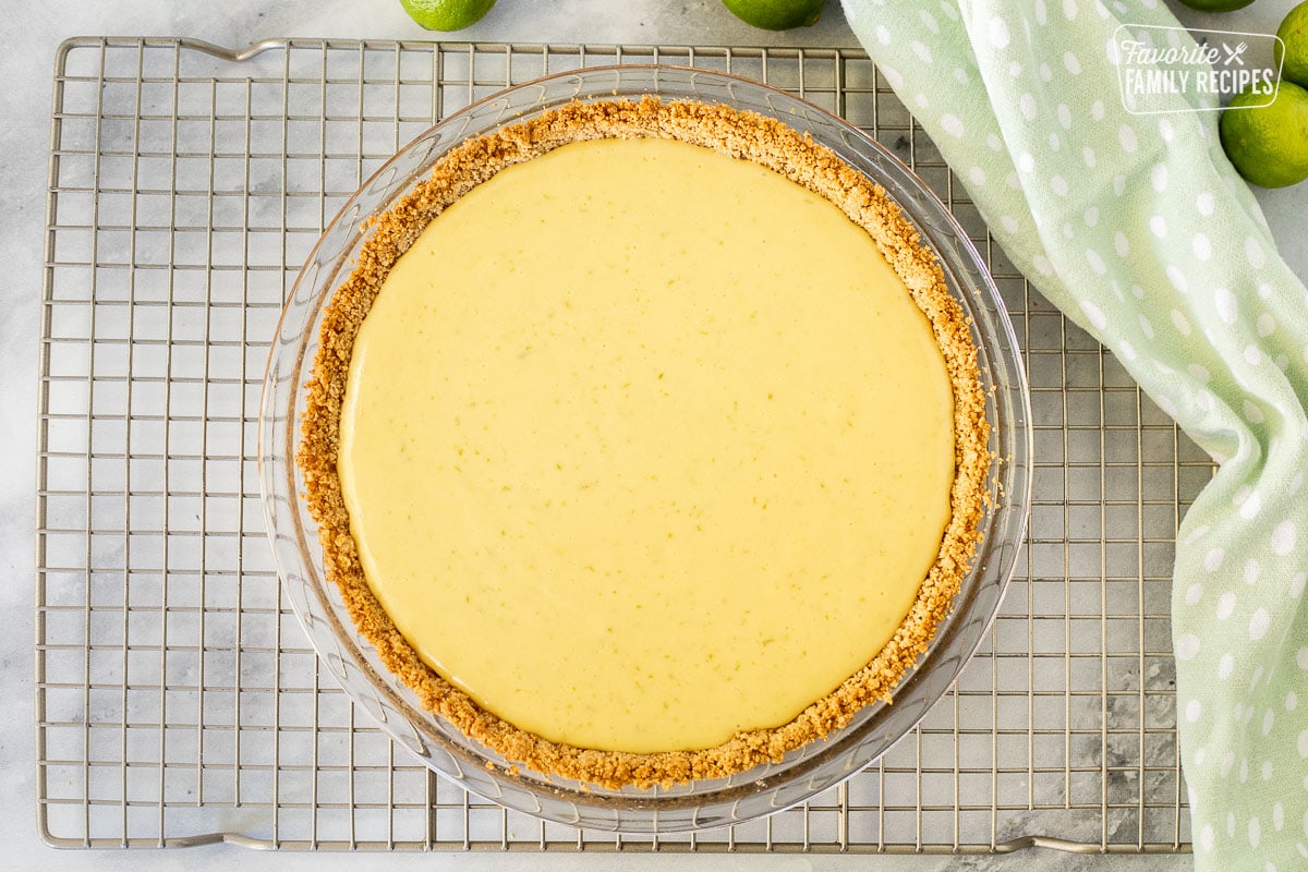 A fully baked key lime pie with no toppings