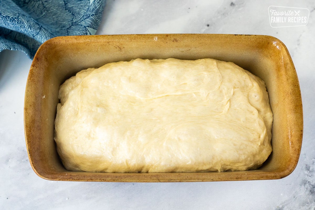 Bread dough and greased pan.