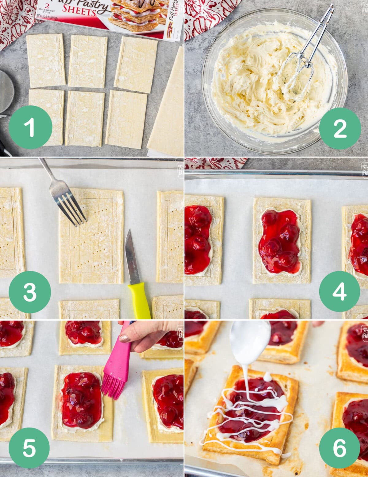 Six separate images showing how to make cherry danishes, step by step. From cutting the dough, layering the ingredients. to baking, and then glazing with icing.