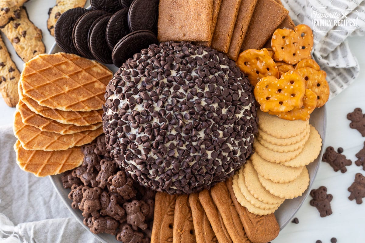 Chocolate Chip Cheese Ball on a plate with cookies and pretzels around.