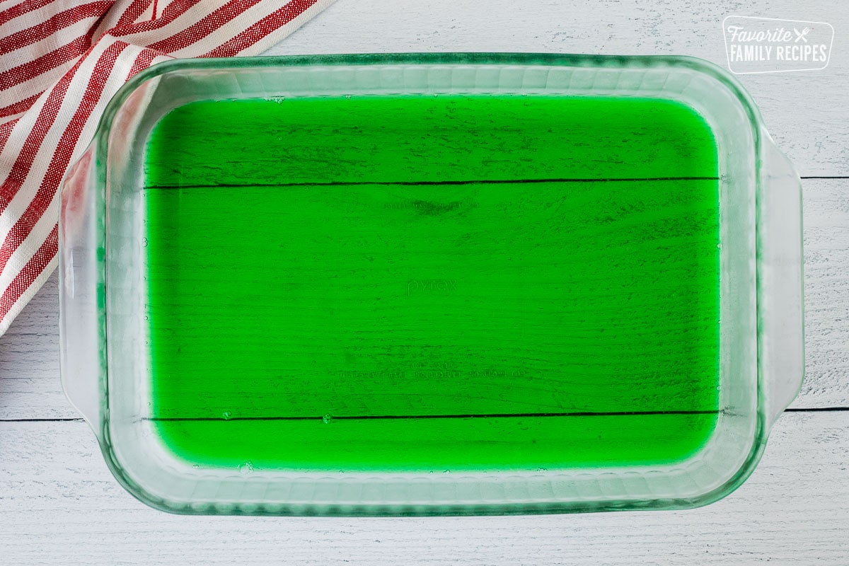 Green Jell-O in a baking dish