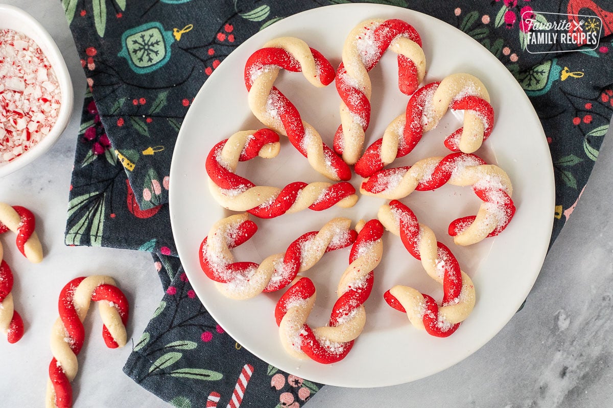 Plate of candy cane cookies arranged in a circle.