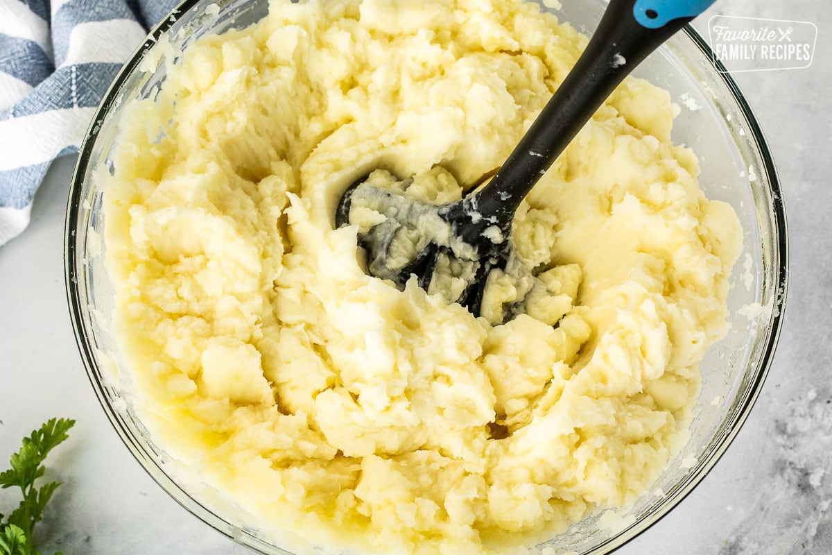 Mixing bowl with smooth mashed potatoes.