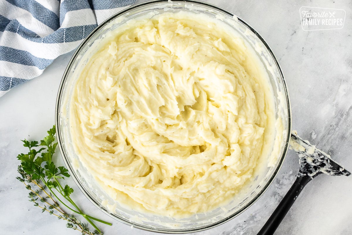 Large bowl of mashed potatoes.