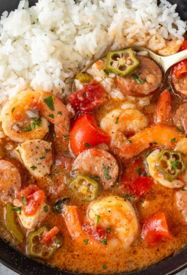 Instant Pot gumbo with shrimp, sausage, chicken, peppers, and other ingredients served in a dish with a bed of rice on the side.