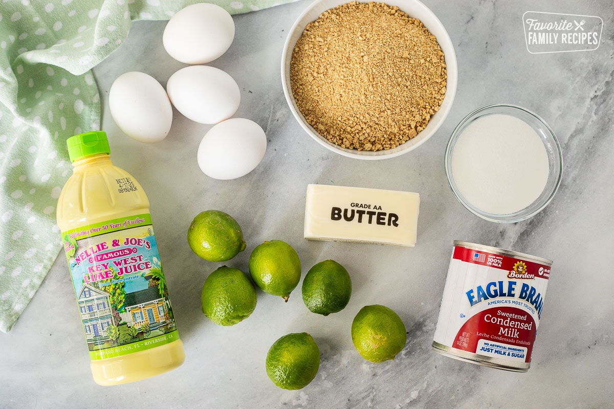 Key Lime Pie ingredients: sweetened condensed milk, sugar, graham crackers, eggs, key lime juice.