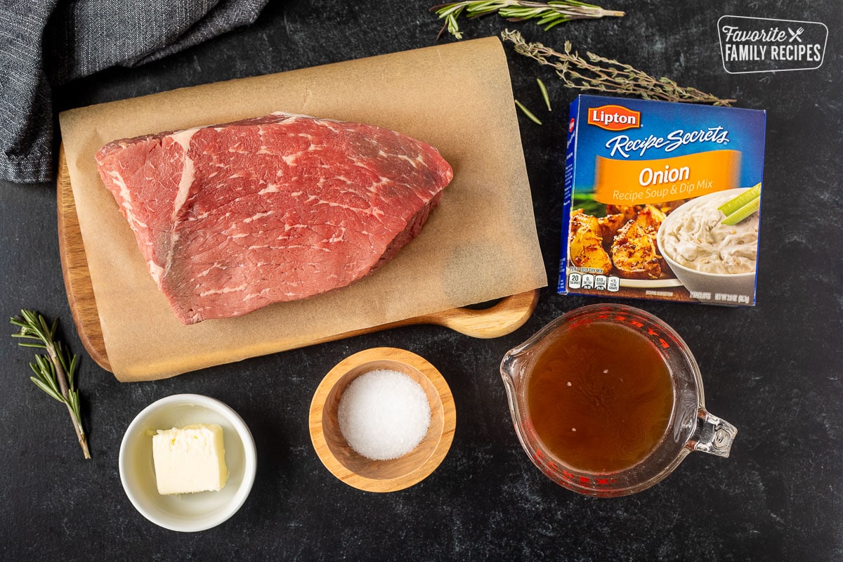 Ingredients to make oven roast beef with beef, onion soup mix, beef broth, salt and butter.