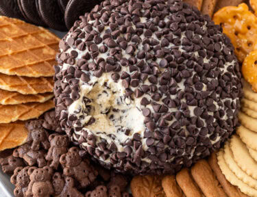 Chocolate Chip Cheese Ball on a plate with cookies and pretzels around. Scooped out area missing on the ball.