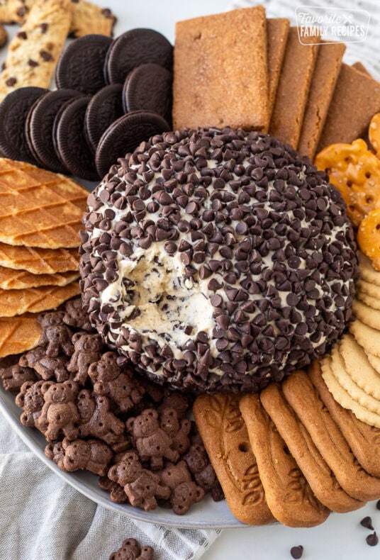 Chocolate Chip Cheese Ball on a plate with cookies and pretzels around. Scooped out area missing on the ball.