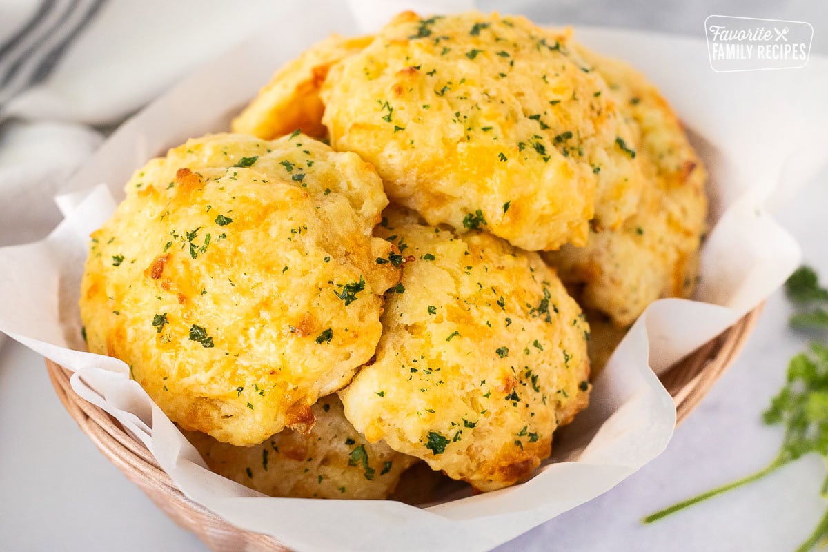 Cheddar Bay Biscuits in a basket.