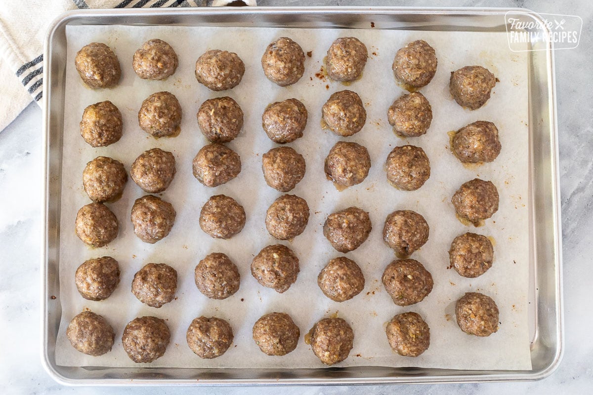 Baked meatballs on a baking sheet lined with parchment paper.