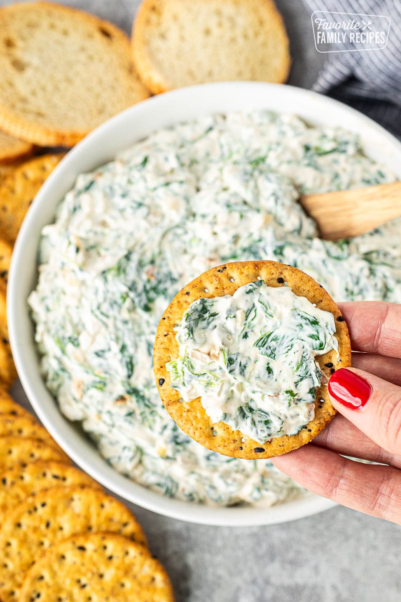 Hand to holding up a cracker with easy spinach dip over the bowl of spinach dip.