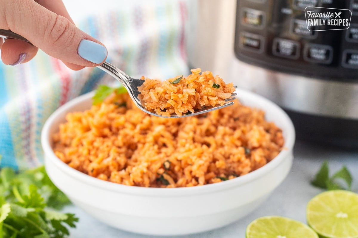 Fork with instant pot Mexican rice.