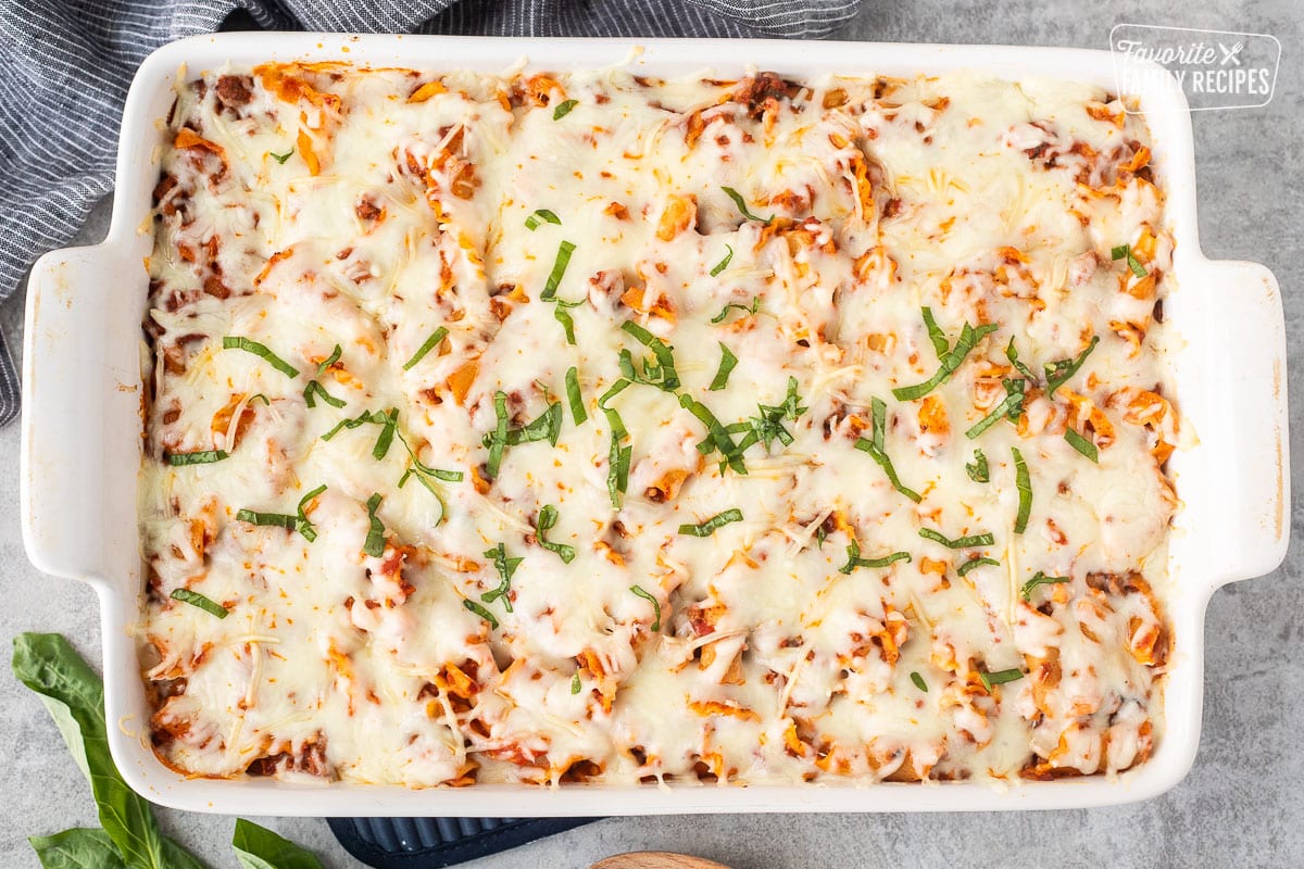 Baked lasagna casserole in a casserole dish.