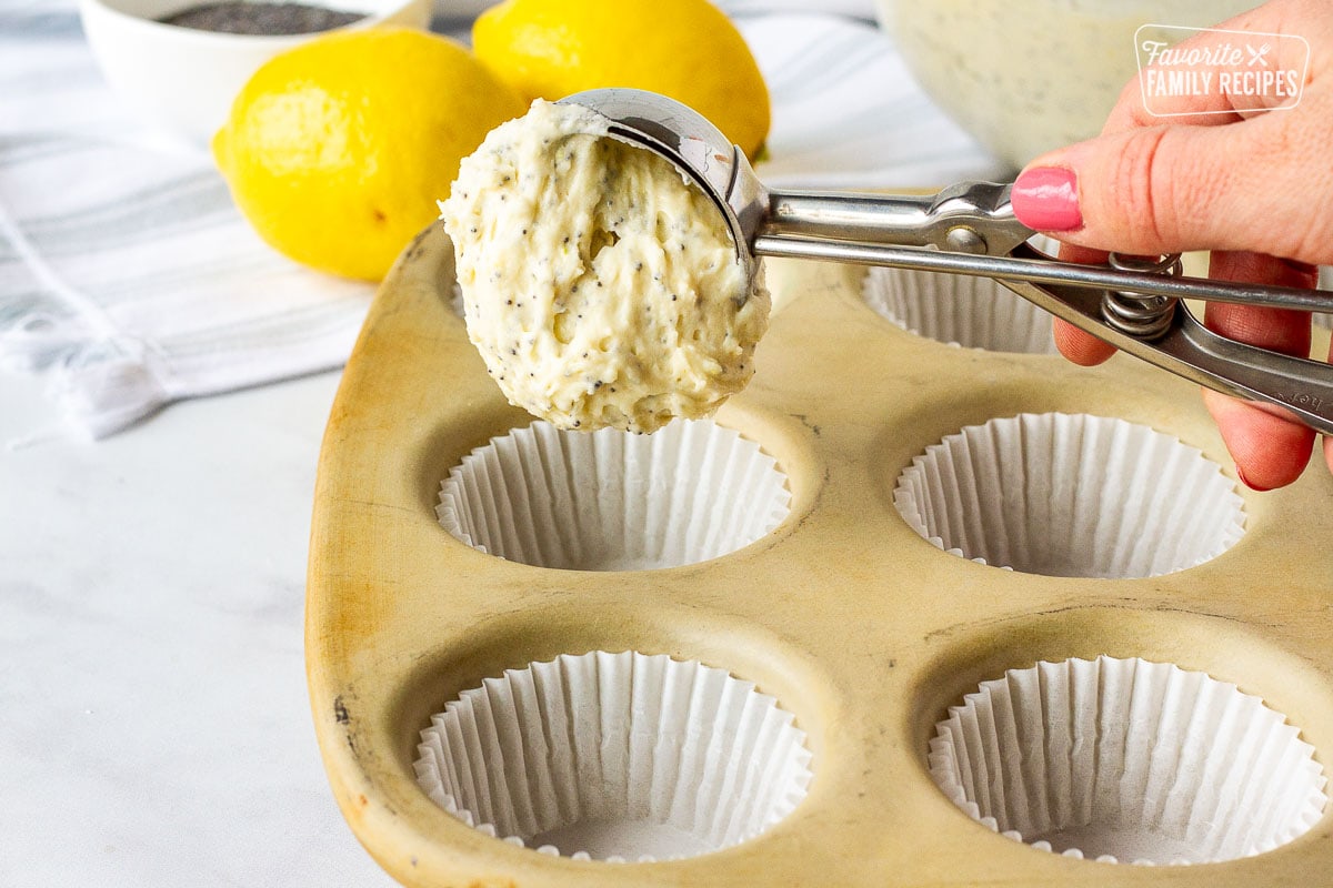 Cooking scoop pouring batter into a lined muffin pan to make Lemon Poppy Seed Muffins.