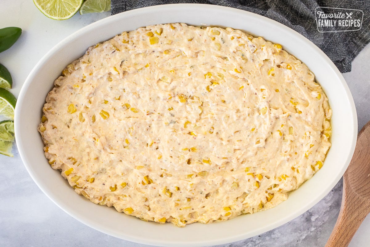 Baking dish with unbaked Mexican Street Corn Dip.