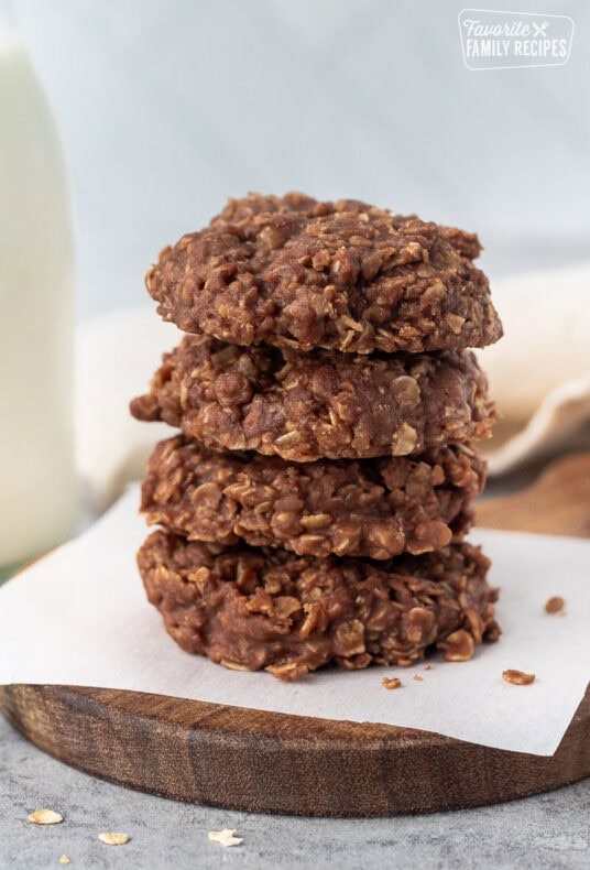 Stack of four no bake cookies.