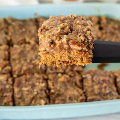 Slice of Oatmeal Cake on a spatula.