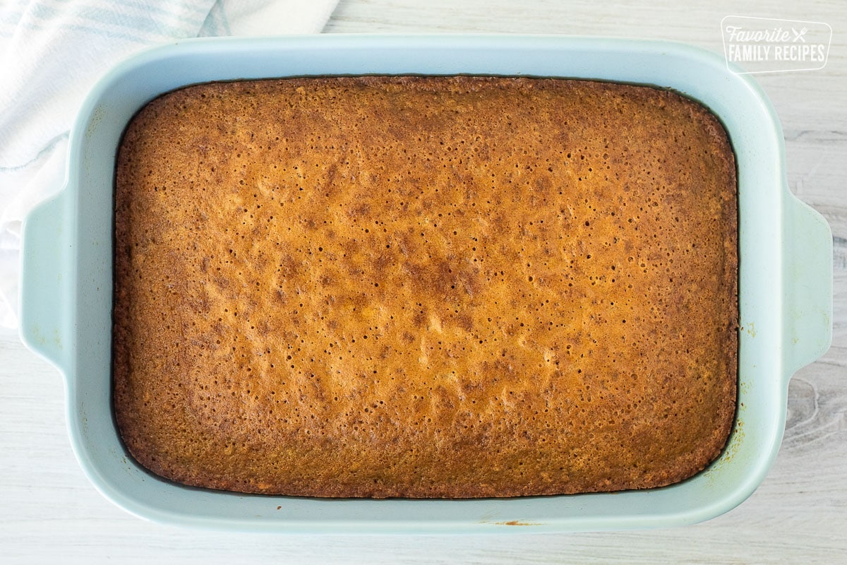 Baking dish with baked Oatmeal Cake.