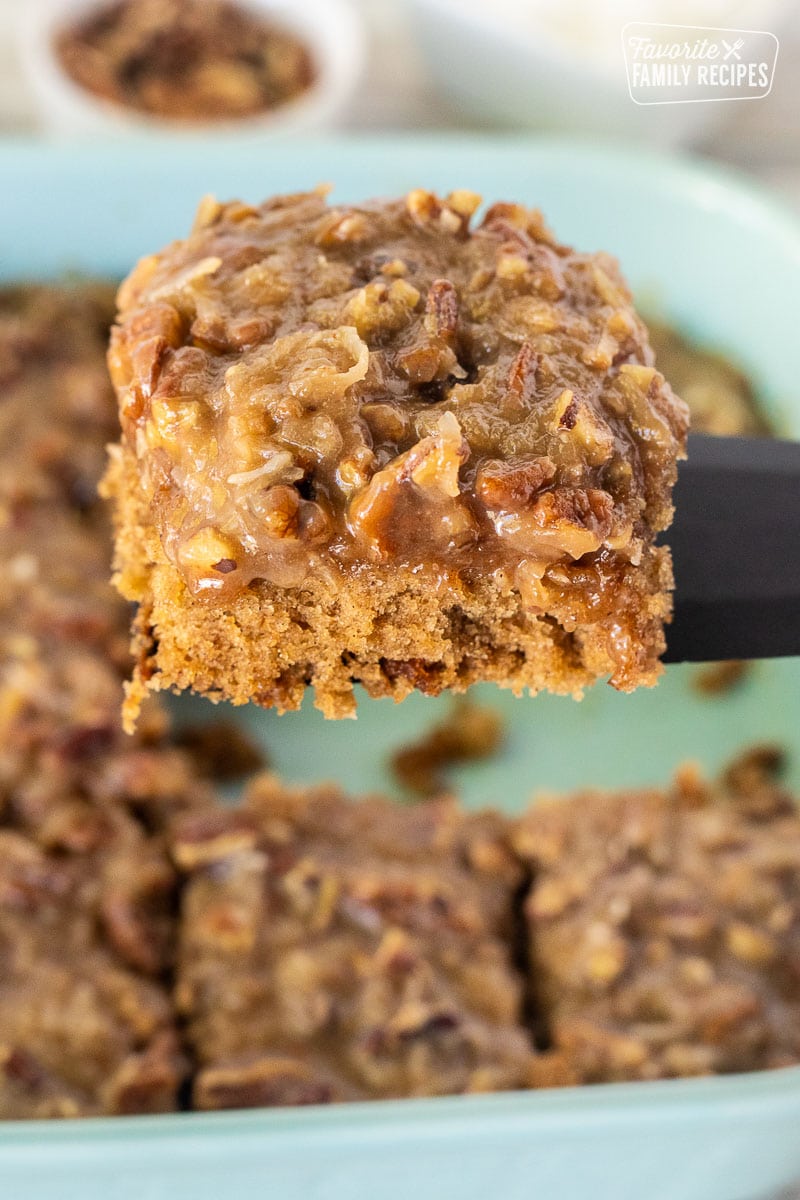 Slice of Oatmeal Cake on a spatula.