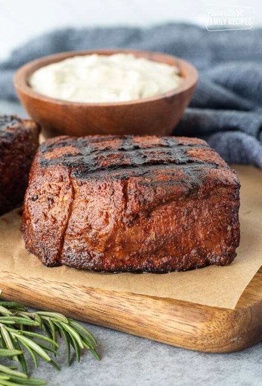 Grilled Filet Mignon with Blue Cheese sauce on the side.