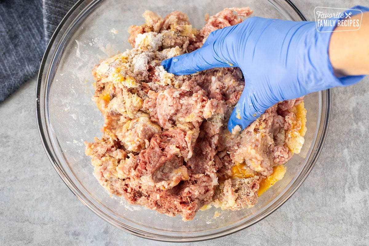 A gloved hand mixing ingredients together in a bowl to make meatballs