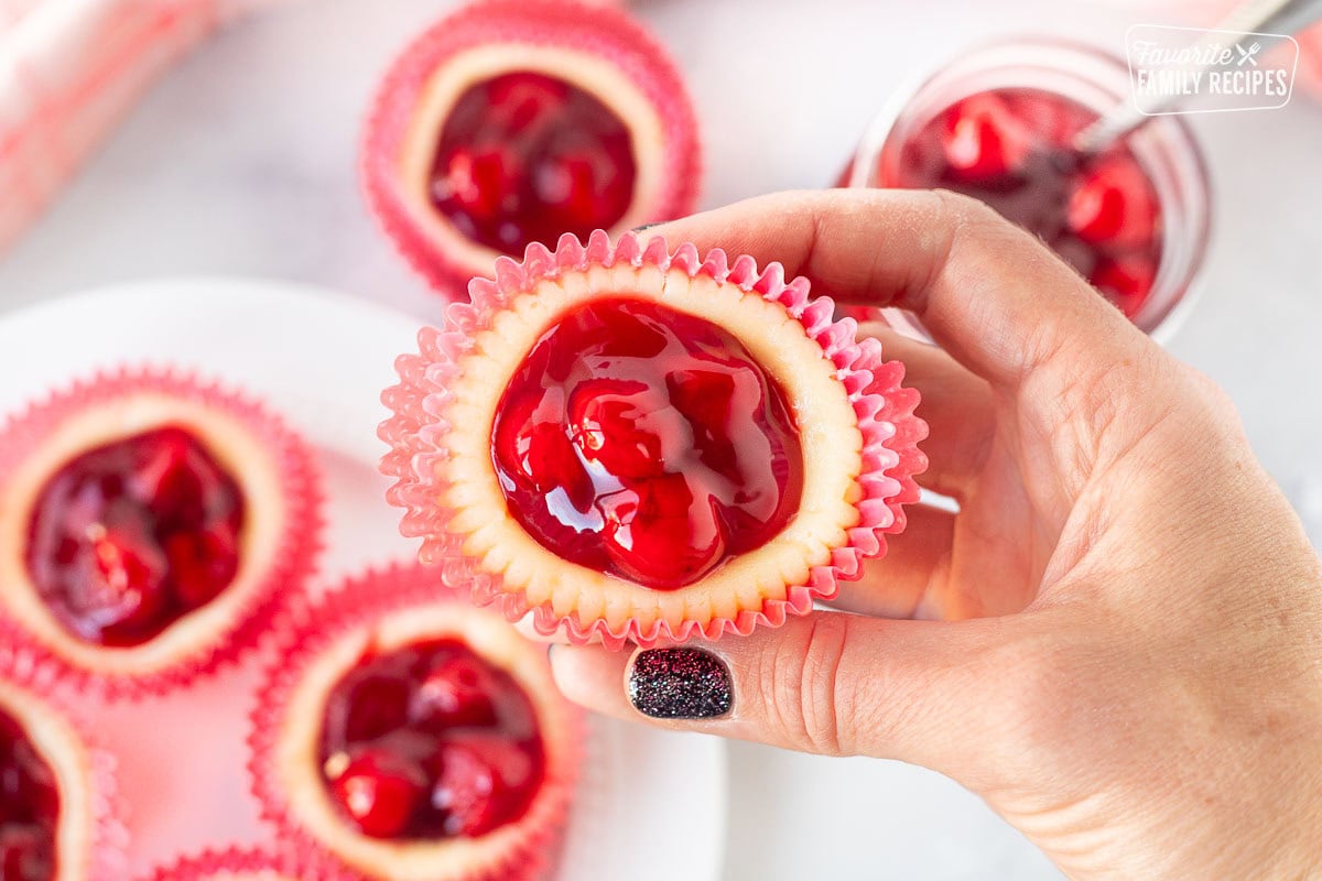 A hand holding a mini cherry cheesecake close to the camera.