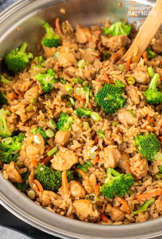 Skillet of One Pot Teriyaki Chicken Bowls.