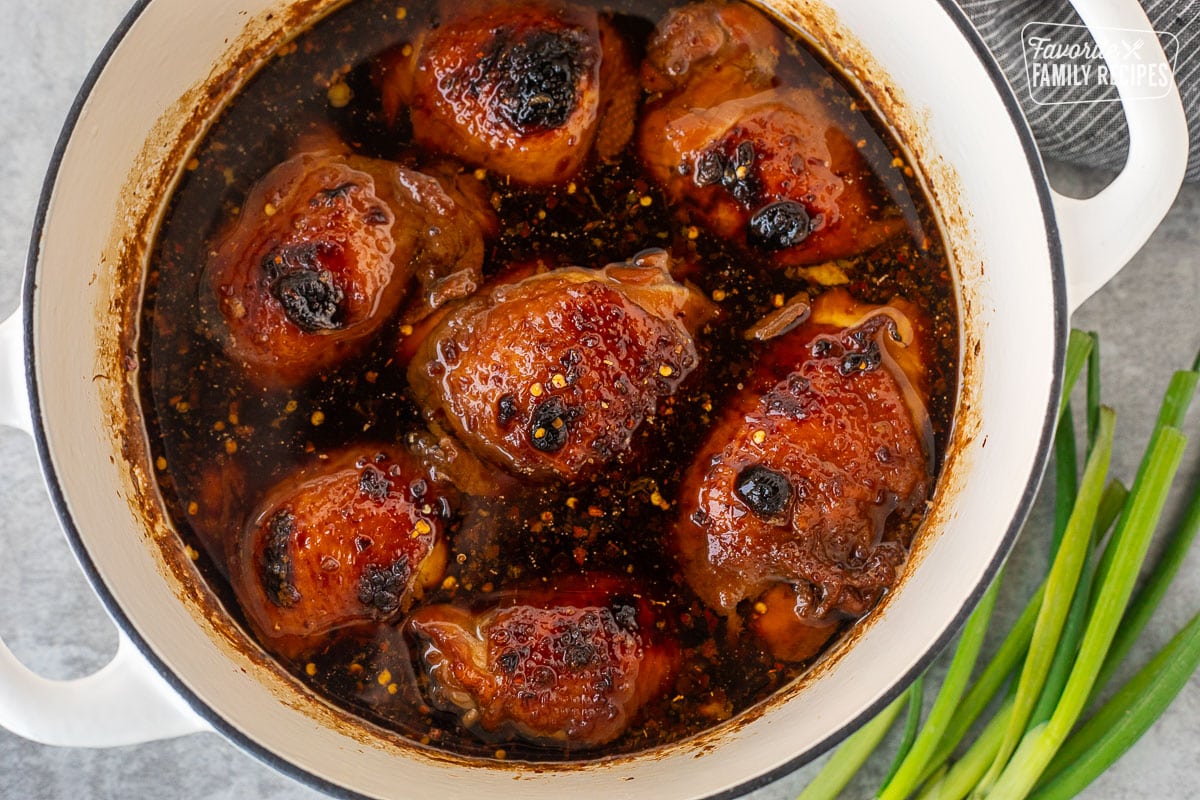 Dutch oven with seven pieces of Shoyu Chicken.