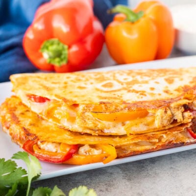 Two chicken quesadillas stacked on a plate.