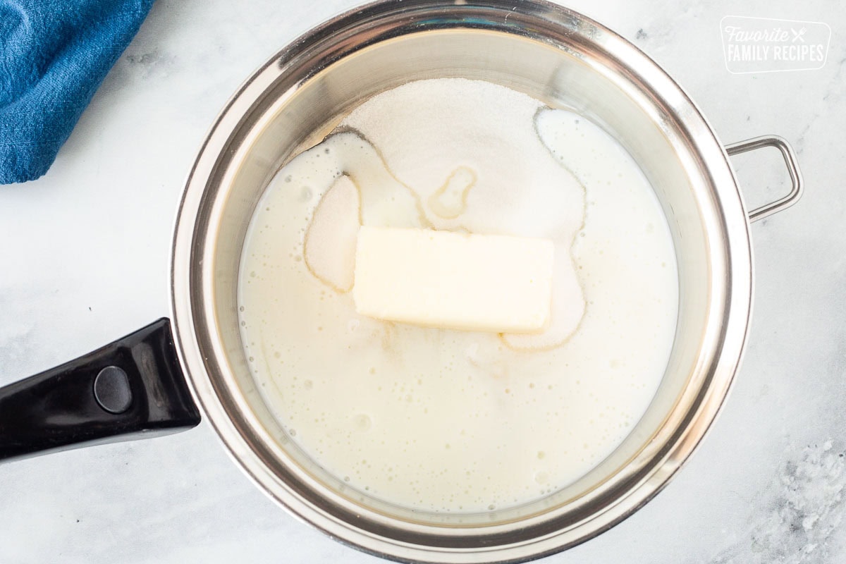 Saucepan with sugar, buttermilk and butter.