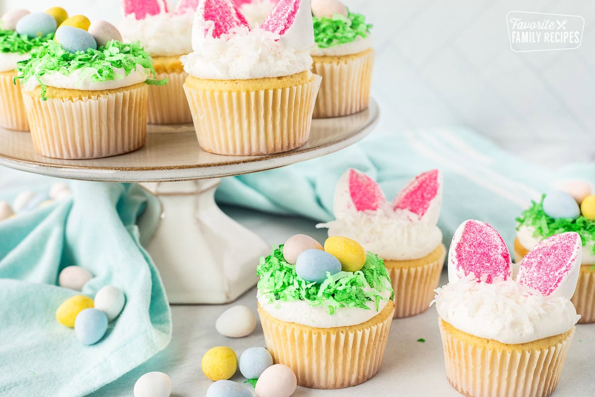 Easter cupcakes in bunny shapes and bird nests.