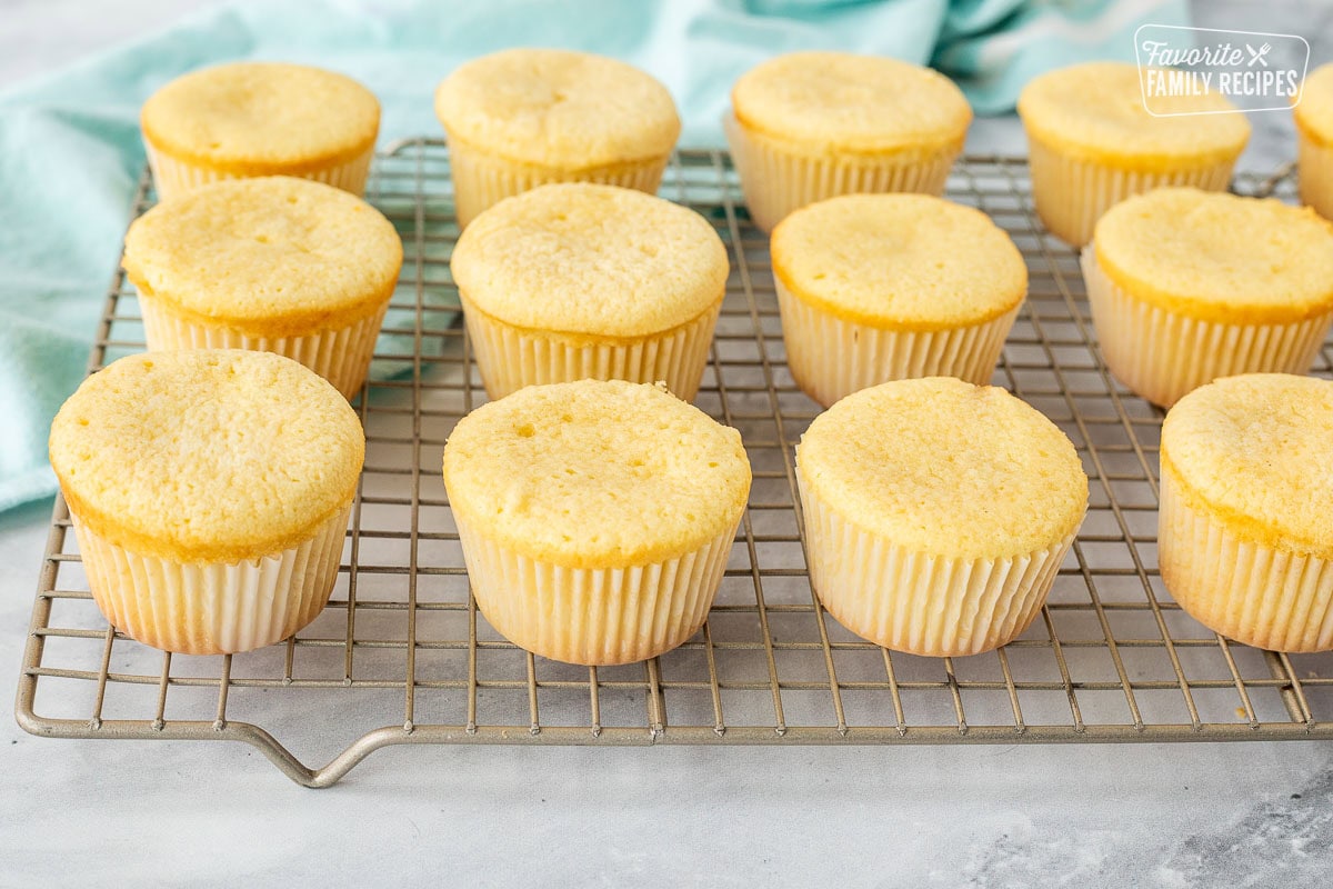 Baked cupcakes on a cooling rack.