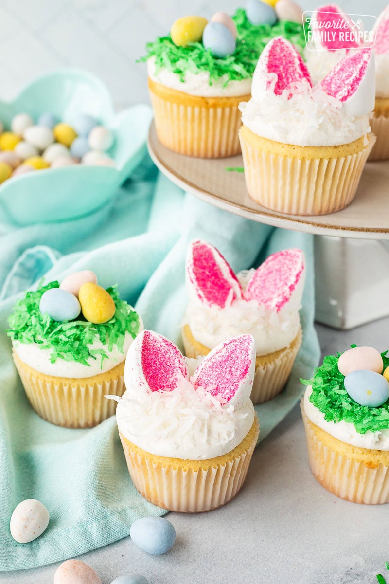 Bunny and nest shaped Easter cupcakes.