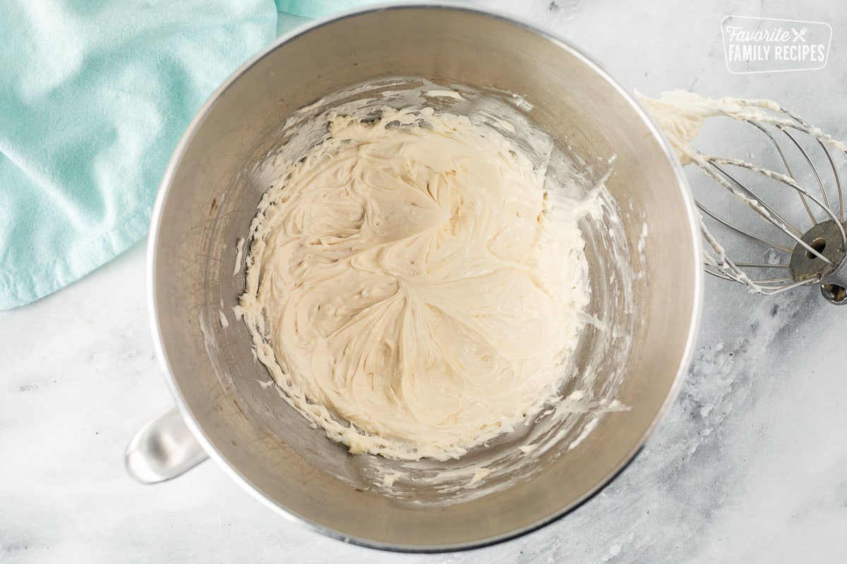 Base for frosting in a mixing bowl.