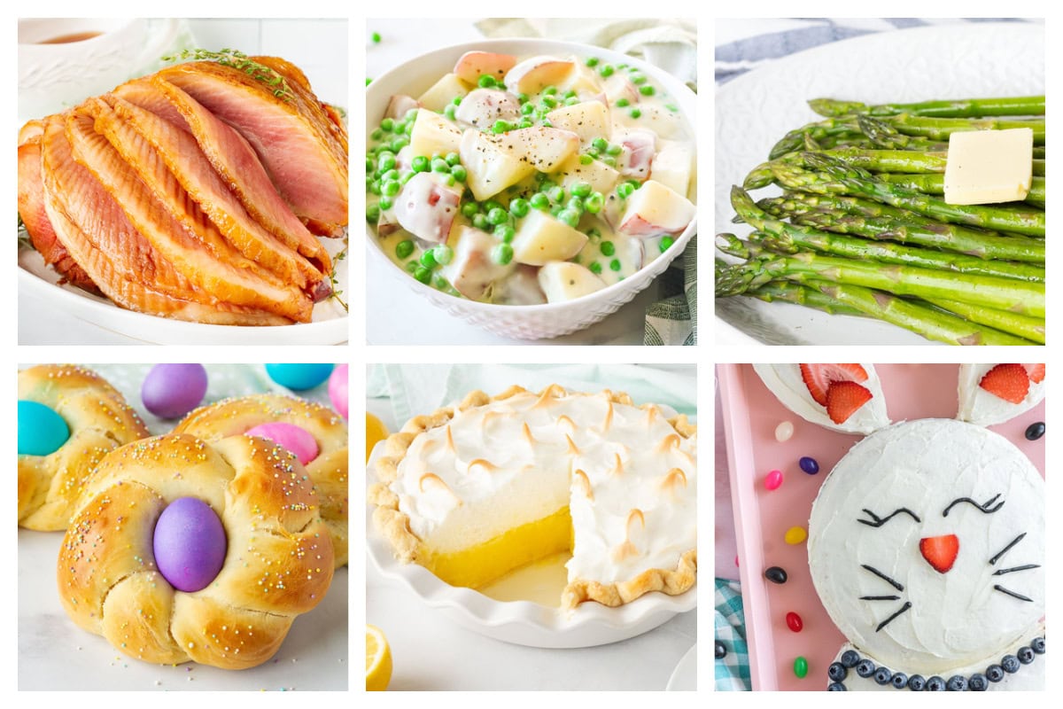 A collage of Easter dinner menu items including ham, potatoes and peas, asparagus, Easter bread, lemon meringue pie and a bunny cake.