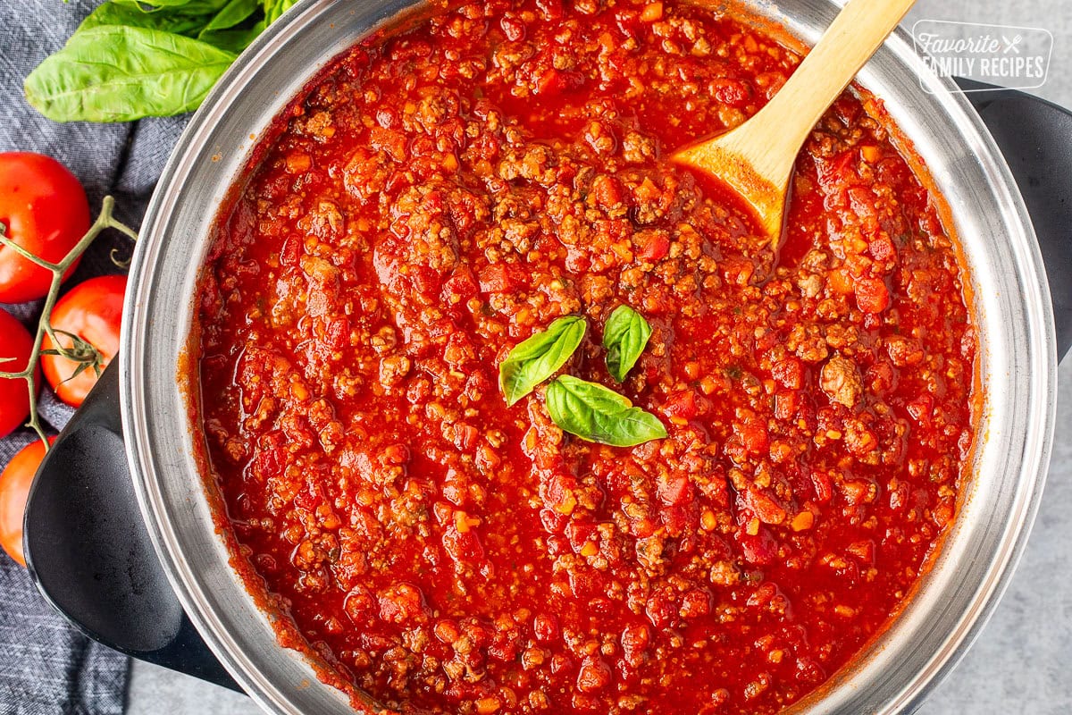 Rich and meaty pasta sauce for Italian spaghetti in a skillet.