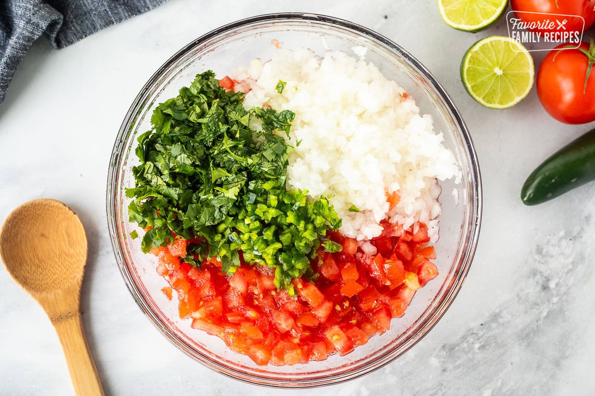 Mixing ball with diced tomatoes, diced onions, cut up cilantro, lime juice, garlic, green Tabasco sauce, and diced jalapeños.