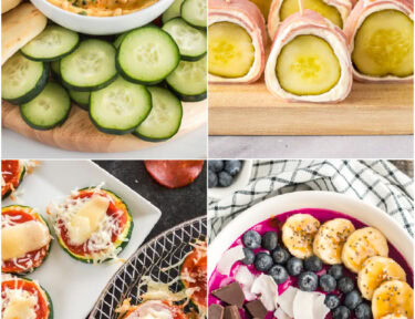 Snack Ideas for Kids featuring hummus and veggies, ham and pickle rolls ups, zucchini bites, and an acai bowl.