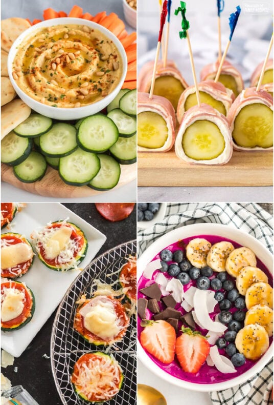 Snack Ideas for Kids featuring hummus and veggies, ham and pickle rolls ups, zucchini bites, and an acai bowl.