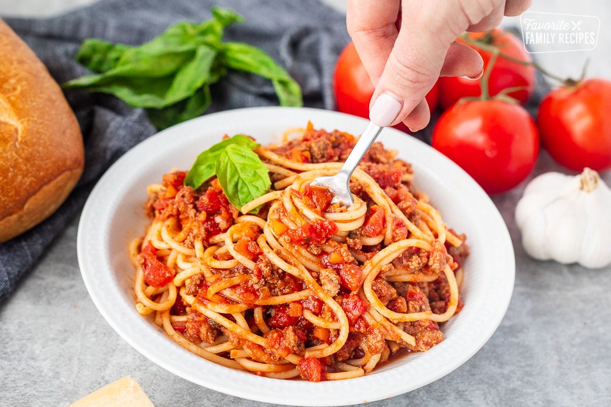 Twirling fork of Nick's Authentic Italian Spaghetti.