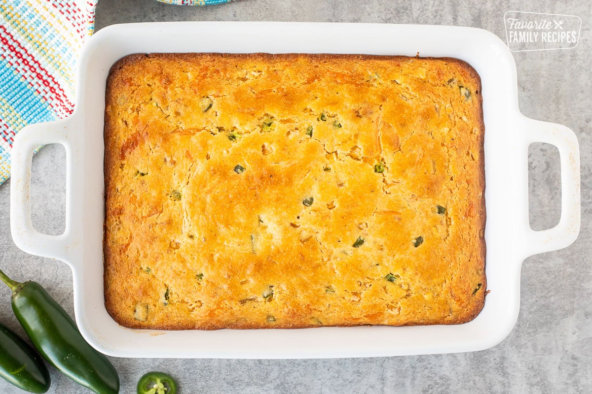 Casserole dish with baked Mexican cornbread.