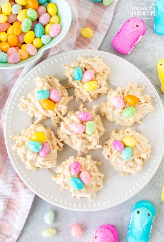 White Chocolate Bird Nests on a plate with jellybeans and peeps.